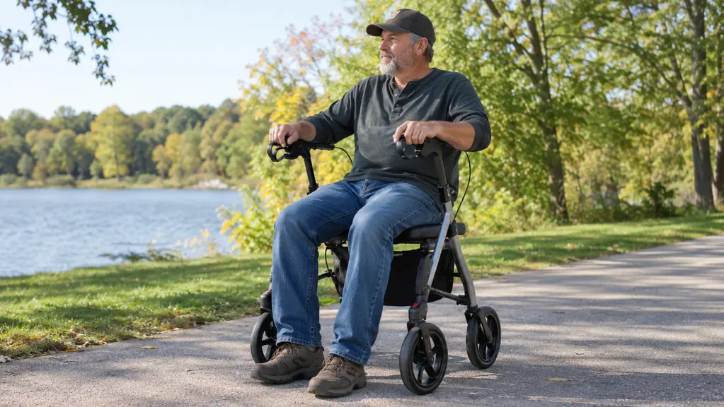 A person resting on the seat of a rollator with both hands on the handles, outdoors on a paved path