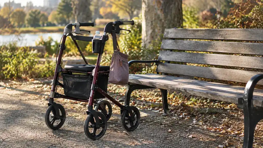 A rollator parked beside a bench with a small bag hanging from the handle, a water bottle in the cup holder