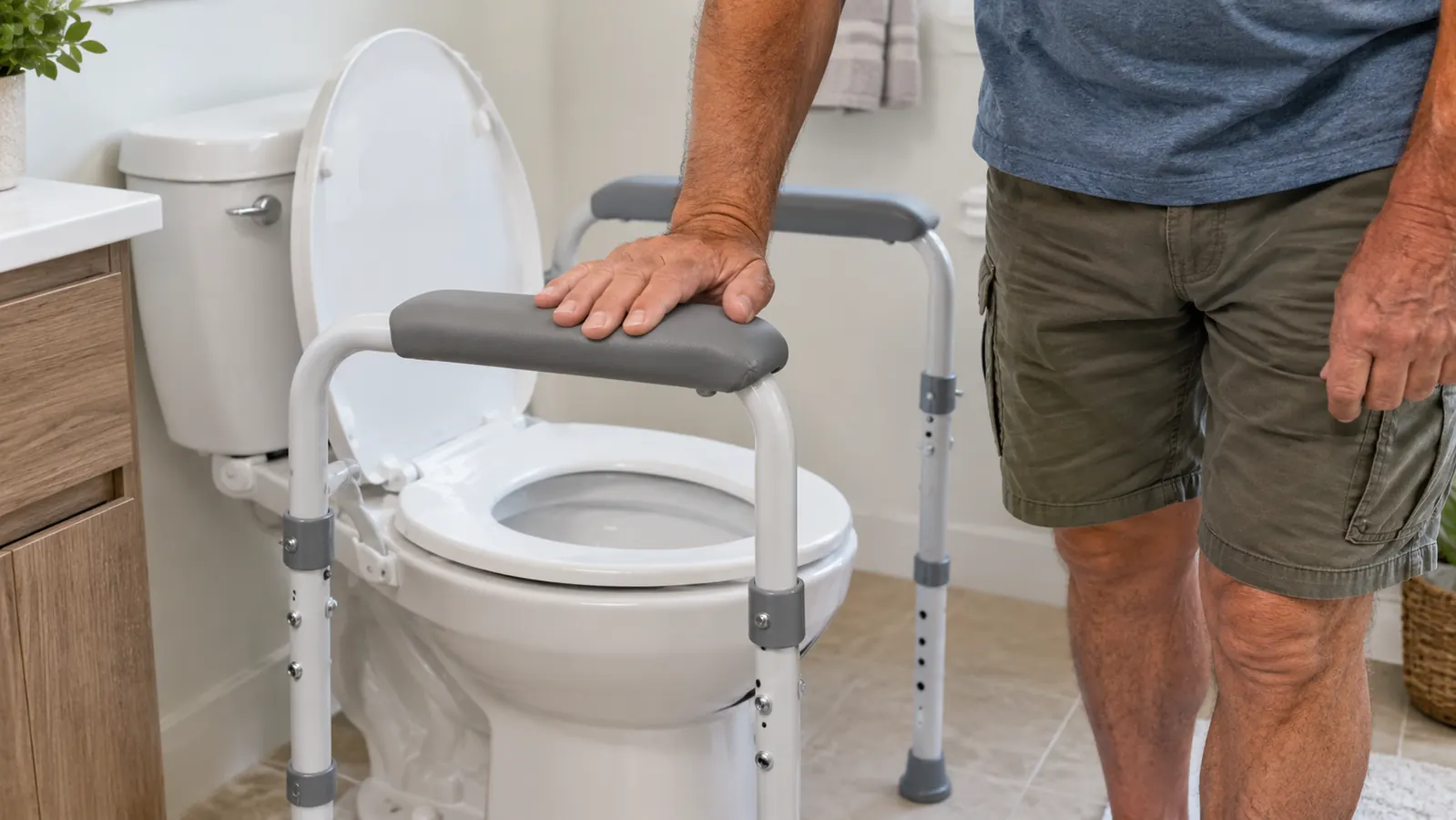 A person's hand gripping the padded top of a toilet safety rail while standing up from the toilet