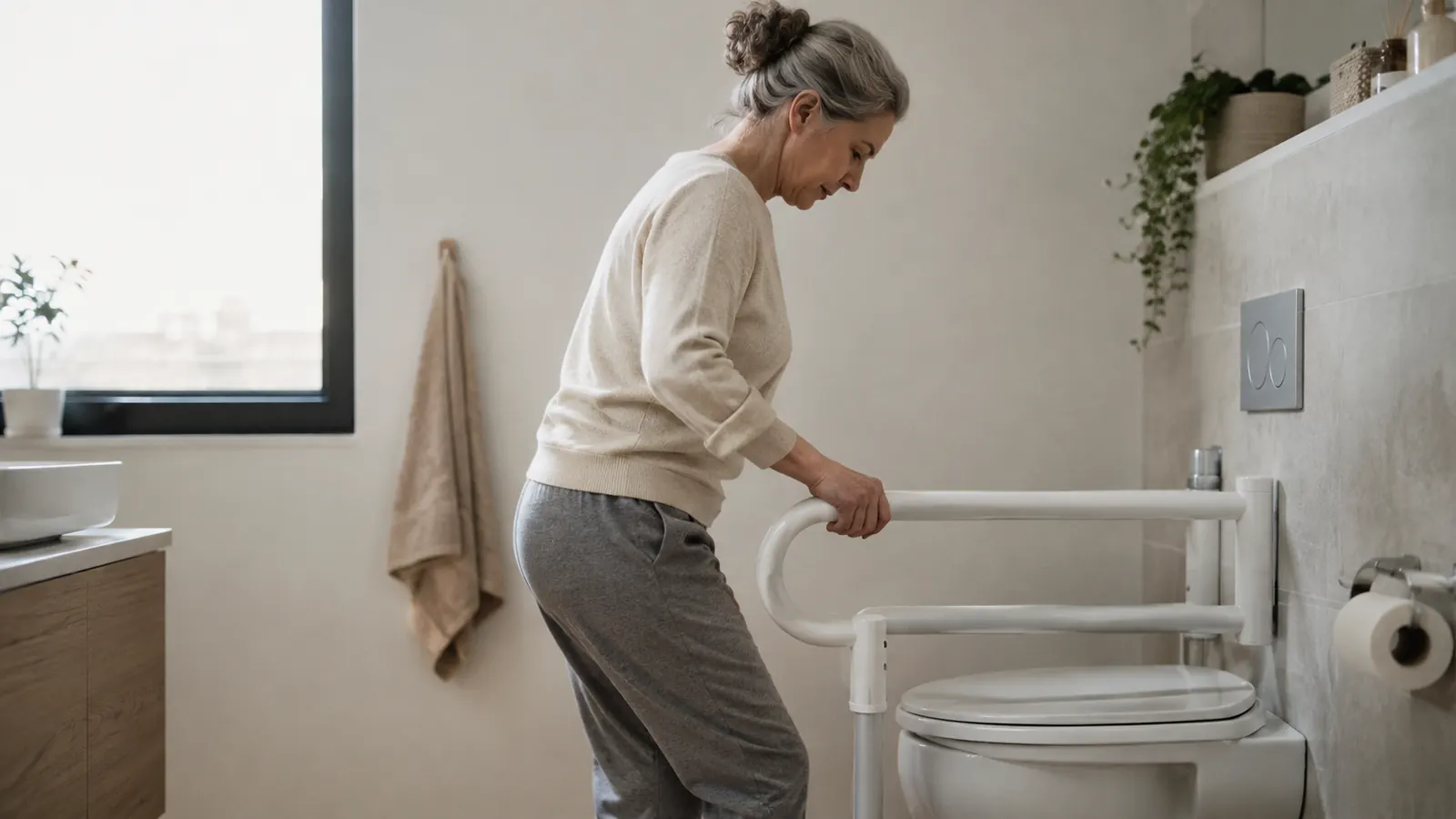 A person steadying themselves with a toilet safety rail in a bathroom, viewed from the side
