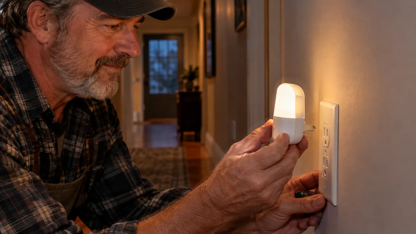A hand plugging a small night light into a wall outlet in a hallway