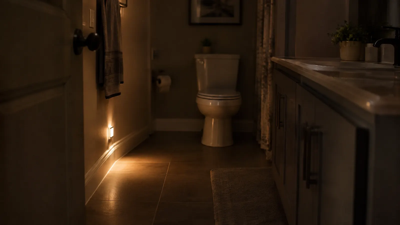 A night light glowing in a bathroom at night, illuminating the path from the doorway to the toilet