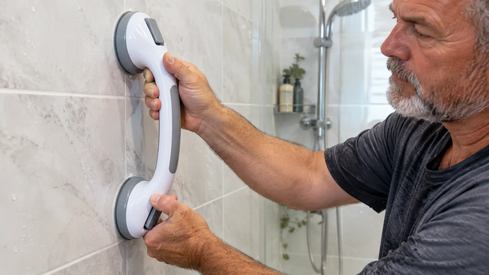 Person pressing on a suction grab bar to check the mount before stepping into the shower