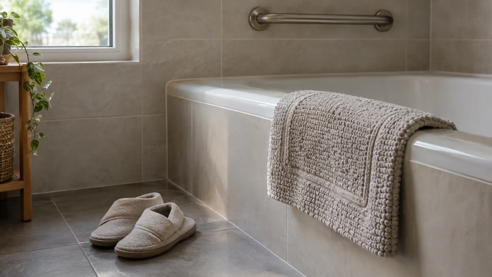 Tub edge with a folded bath mat and a pair of slippers, a grab bar mounted on the tile above