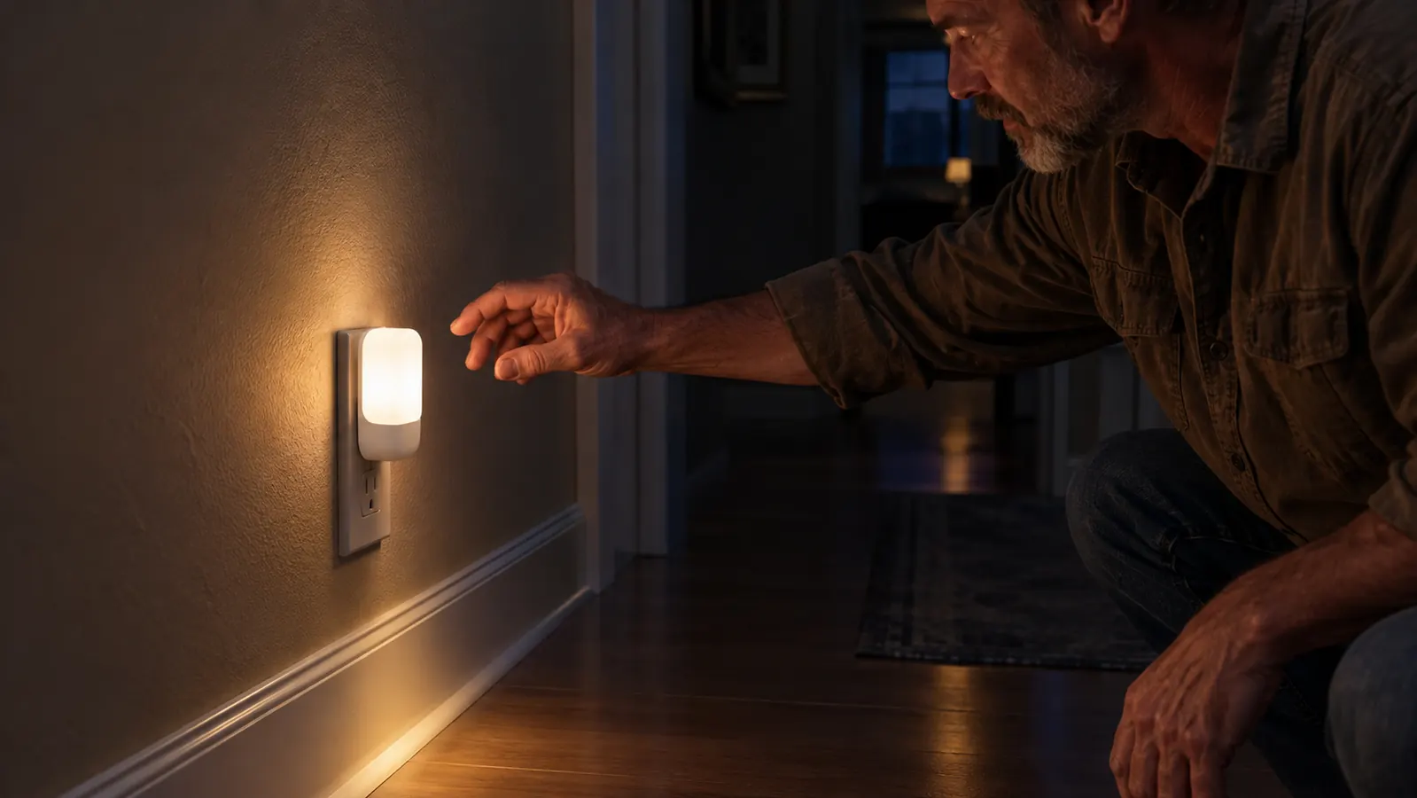 A hand reaching toward a small motion-sensing night light plugged into a wall outlet in a dark hallway