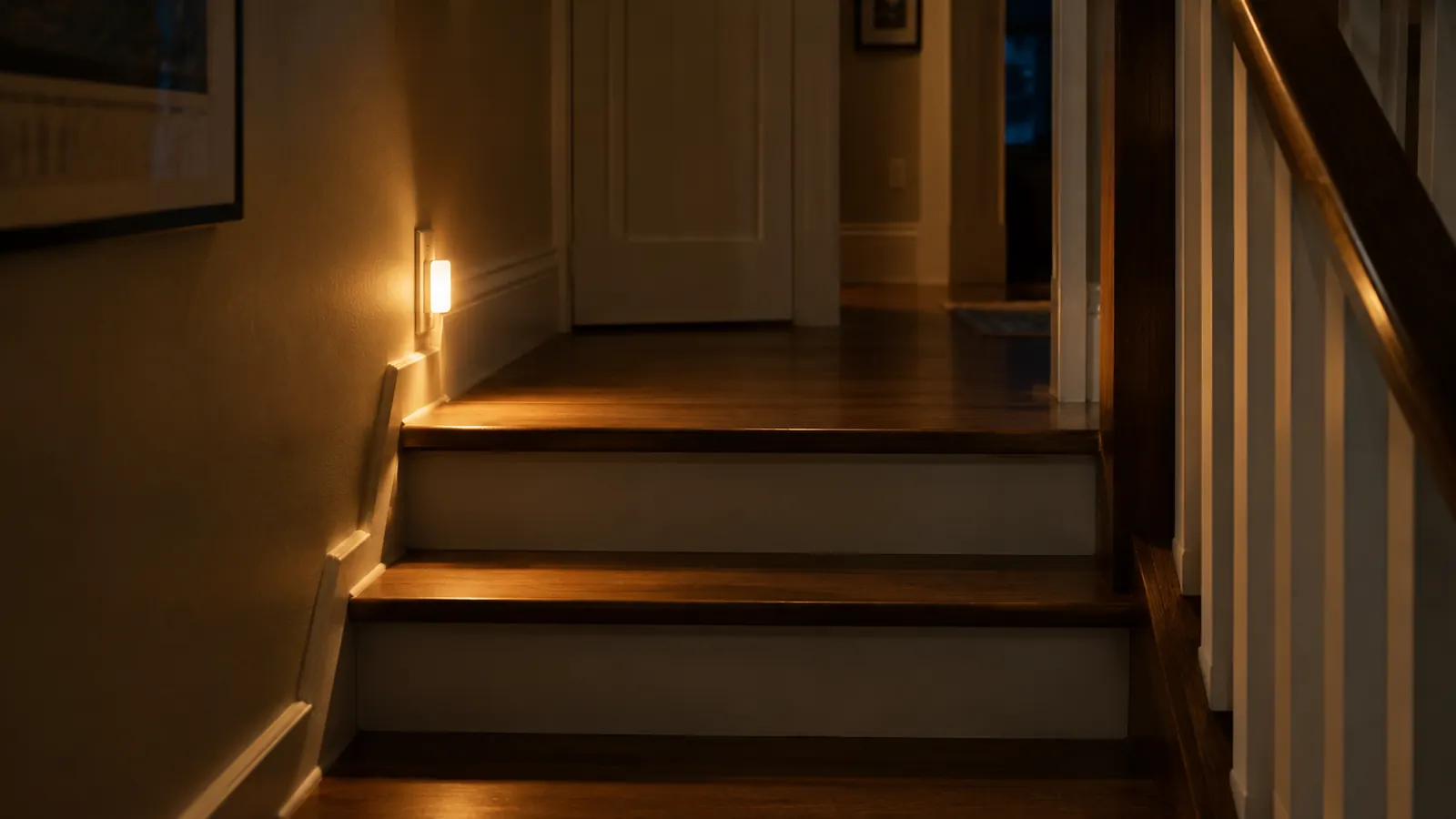 A short stair landing at night with a soft glow from a small light near the top step