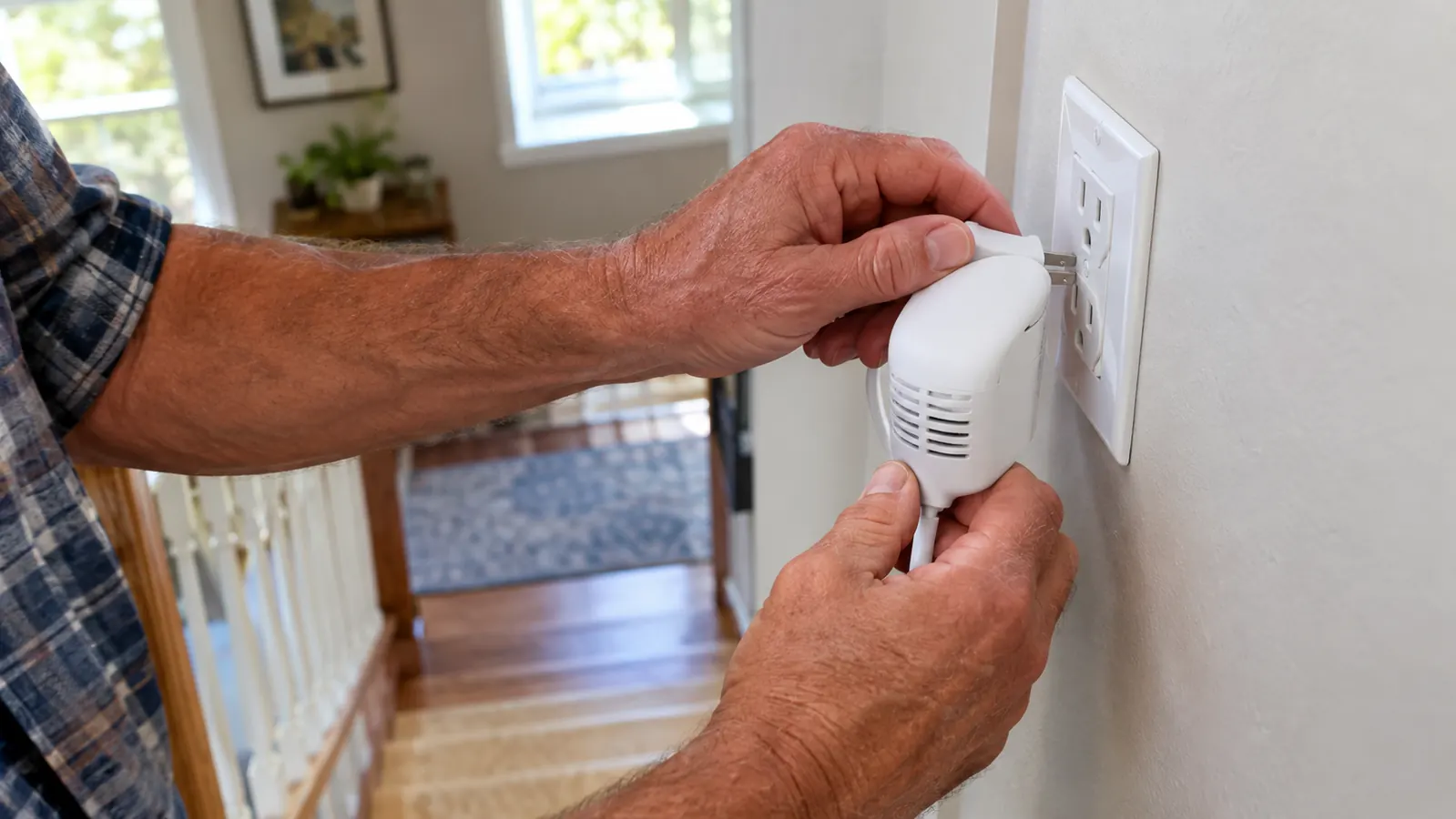 A hand plugging a small night light into a wall outlet beside a staircase