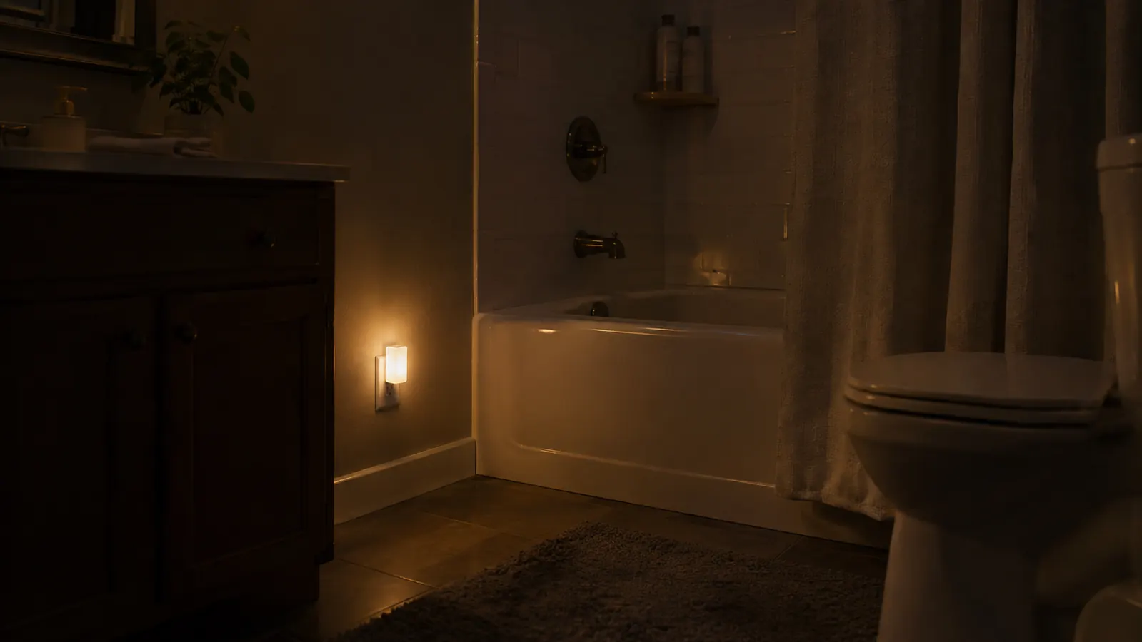 A night light glowing softly in a dark bathroom near a tub