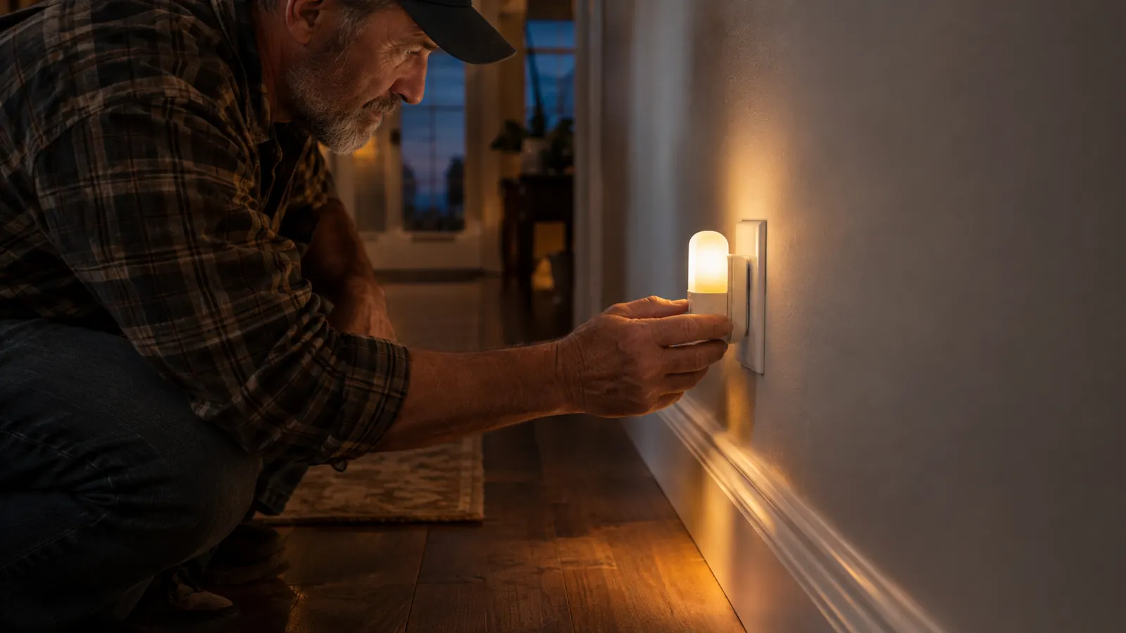 A hand plugging a plug-in night light into a wall outlet at the baseboard of a hallway at dusk