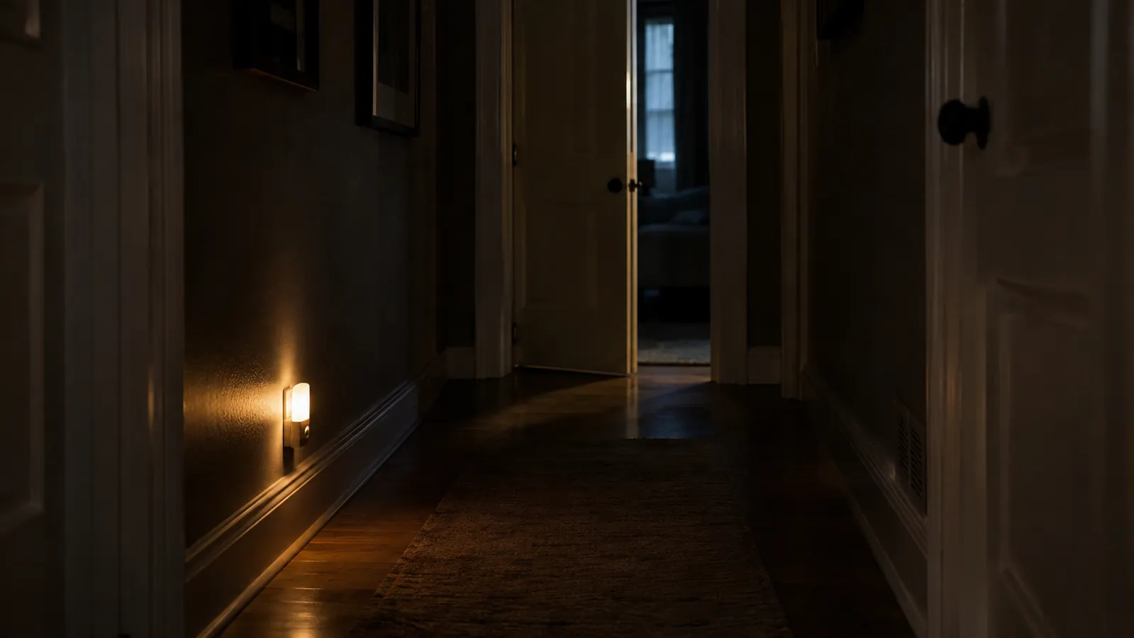A dark hallway at night with the low glow of a plug-in night light along the baseboard leading toward a half-open door