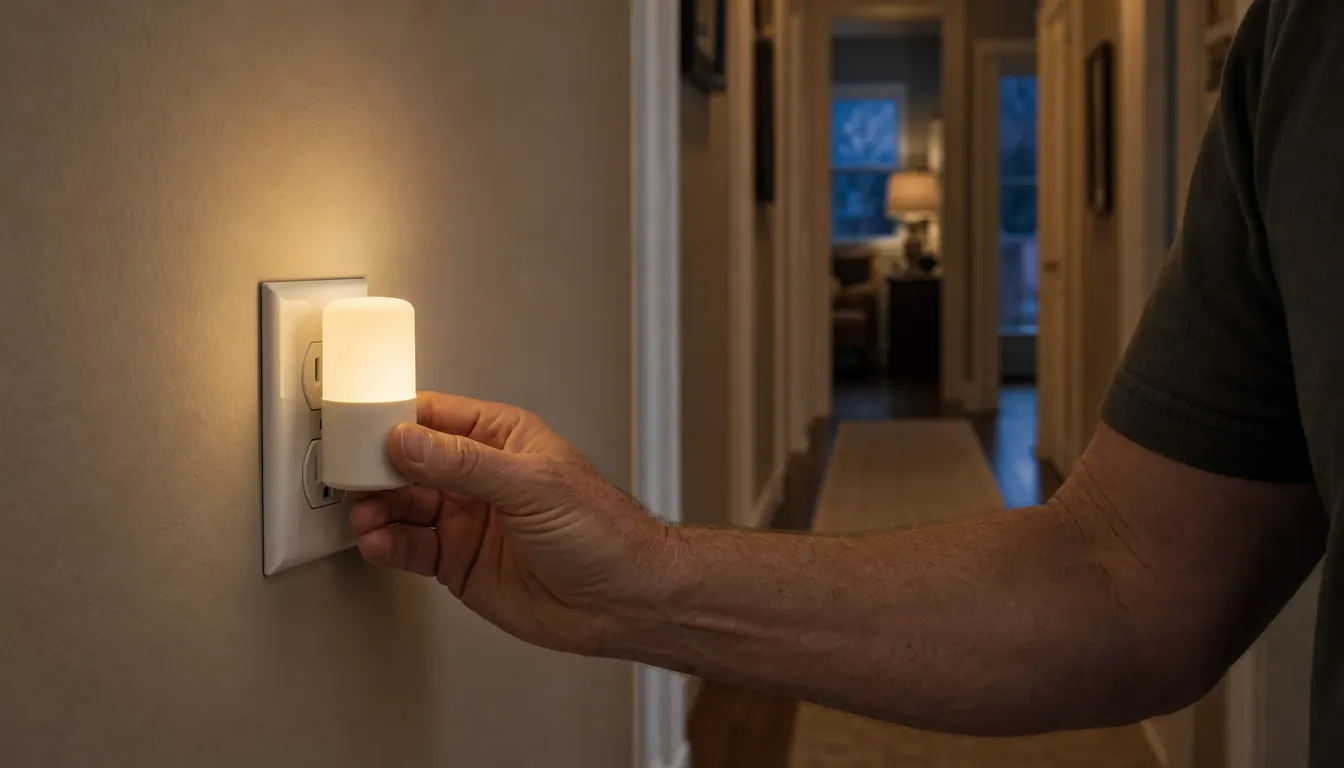 A hand plugging a small night light into a wall outlet in a hallway, the device sitting in the outlet with the walkway stretching away