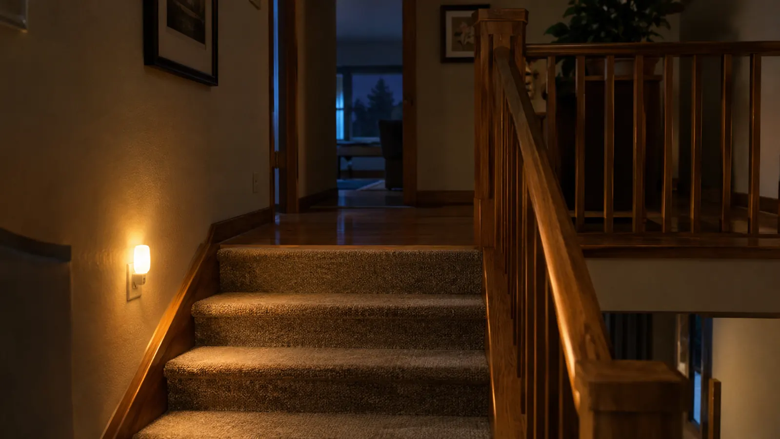 A night light glowing at the top of a short stairway, softly lighting the first steps of a split-level landing