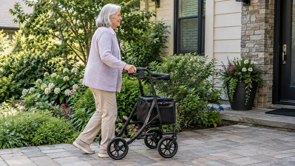 A woman's hands on the rollator's handles as she walks along a paved walk in daylight