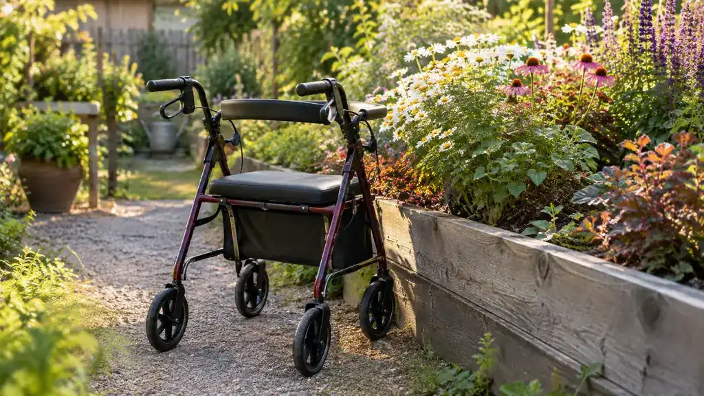 A rollator with a seat parked beside a raised garden bed, the seat turned toward the flowers