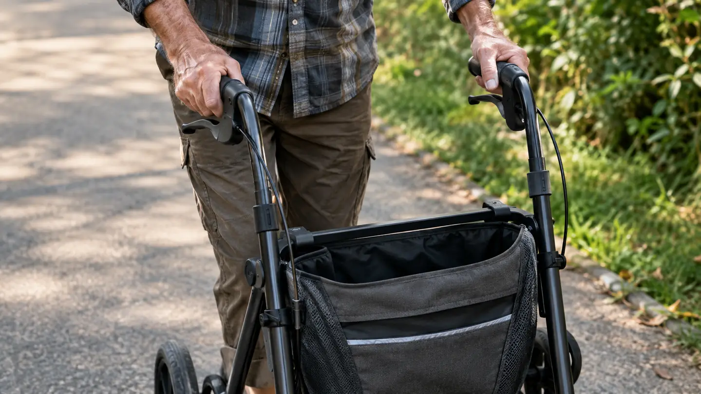 A person's hands gripping the handles of a rollator walker while walking on a paved path