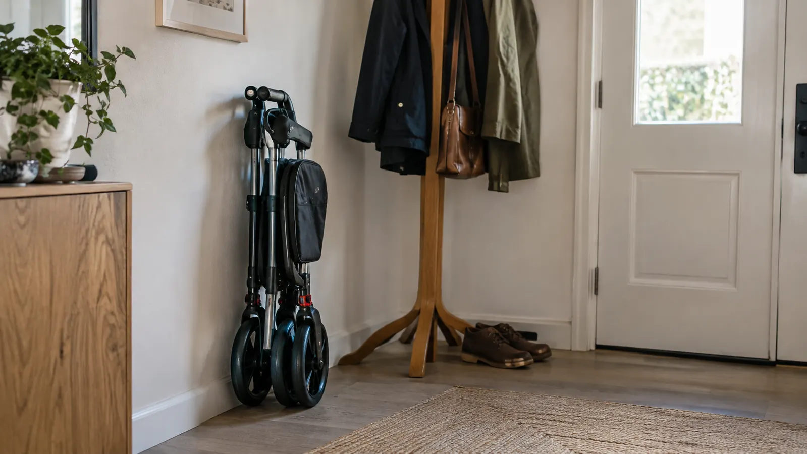 A folded rollator stored upright against a wall beside a front door and a coat rack.