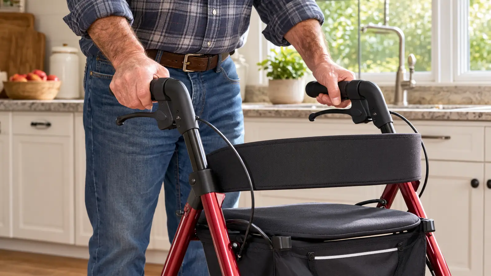 A person's hands gripping the handles of a rollator walker while standing behind it in a kitchen