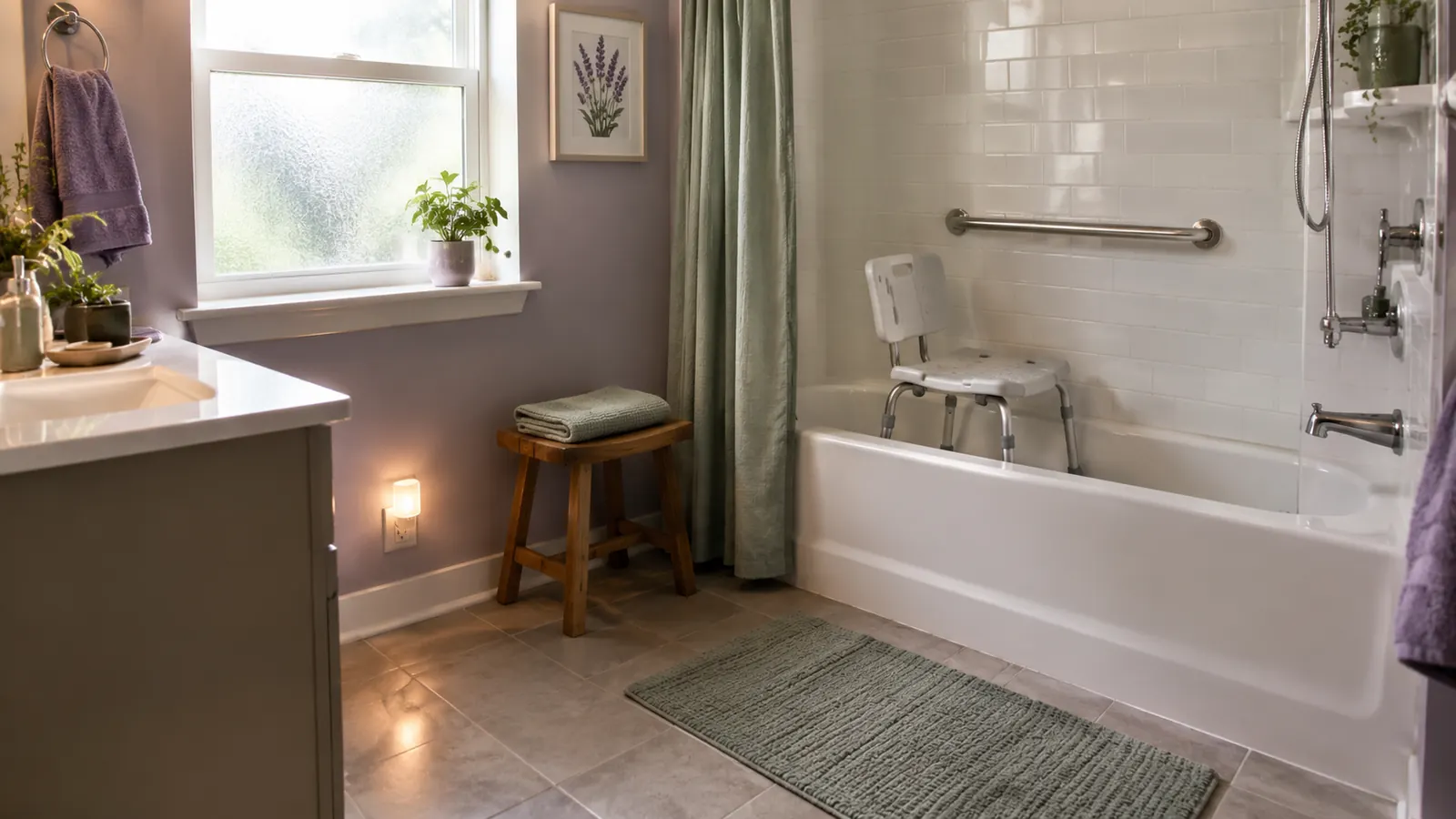 A bright tub-shower set up for safety with a shower chair, a wall grab bar, a non-slip mat and a small night light glowing near the floor