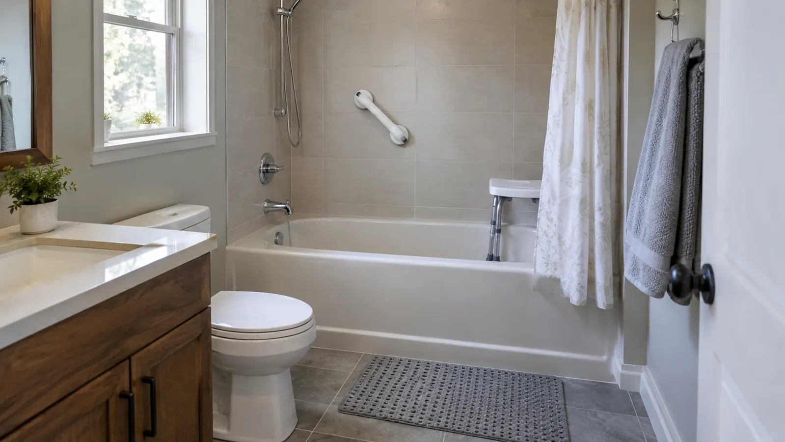Bathroom setup with a grab bar, non-slip mat, and shower seat