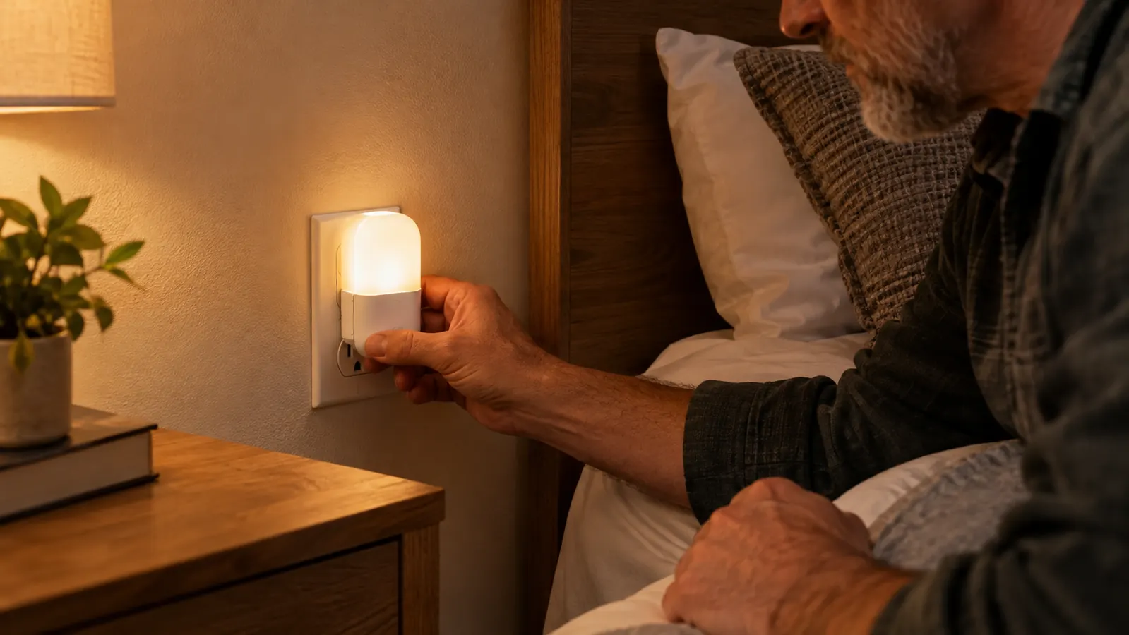 A hand plugging a small night light into a wall outlet beside a bed
