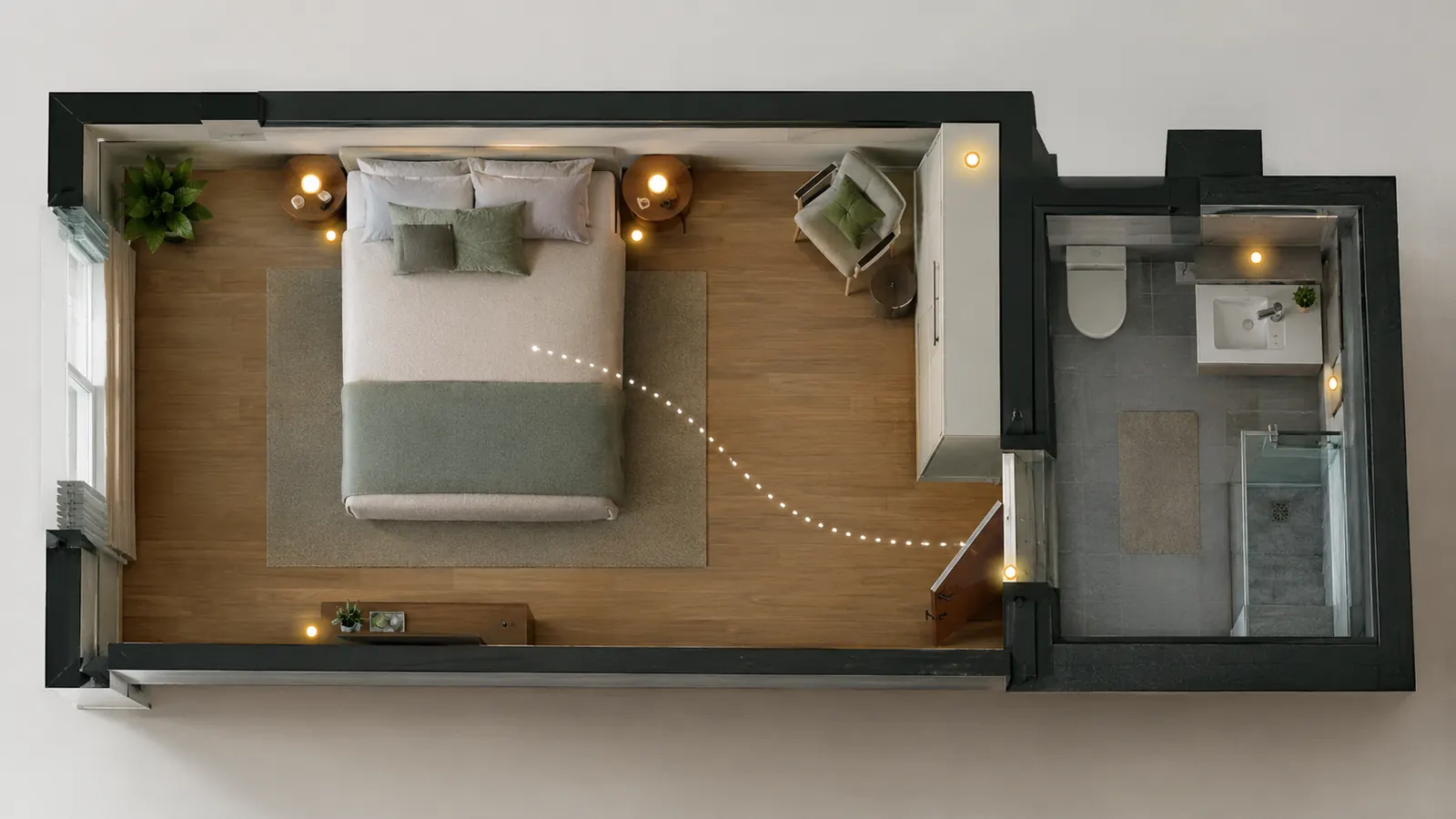 A simple line drawing of a floor plan showing the path from a bed to a bathroom with small light markers along the route