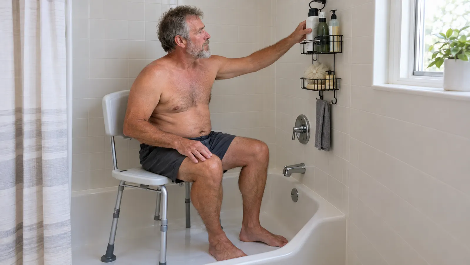 A person seated on a shower chair in a tub, reaching for a bottle on a caddy at shoulder height
