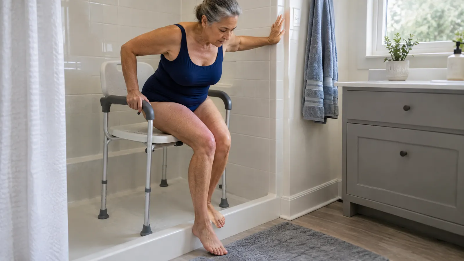A person standing up from a shower chair using the padded armrests while one hand rests on the wall