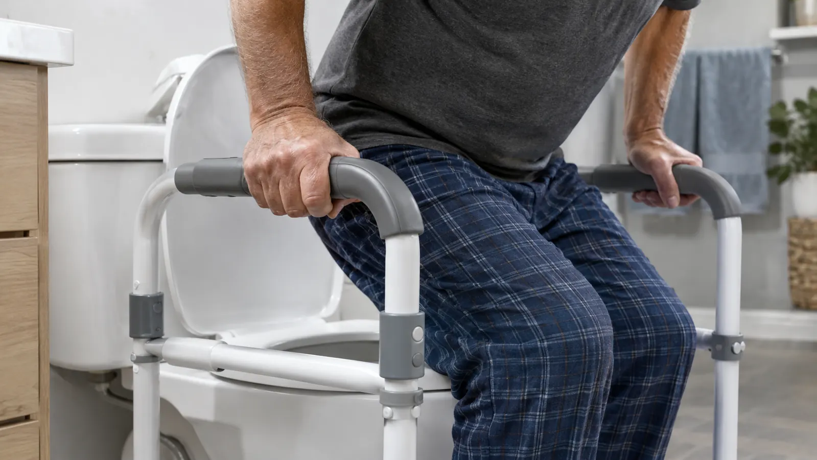 Hands pressing down on a toilet safety rail while standing up from the toilet