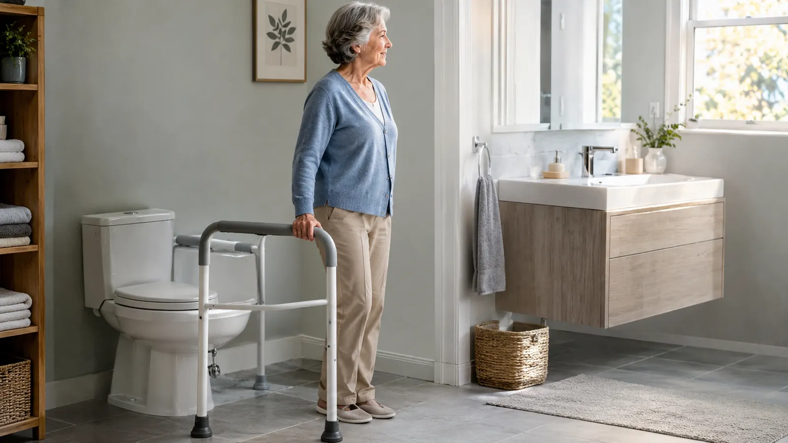 An older adult standing beside a toilet safety rail, one hand resting on it for balance, bathroom in soft light