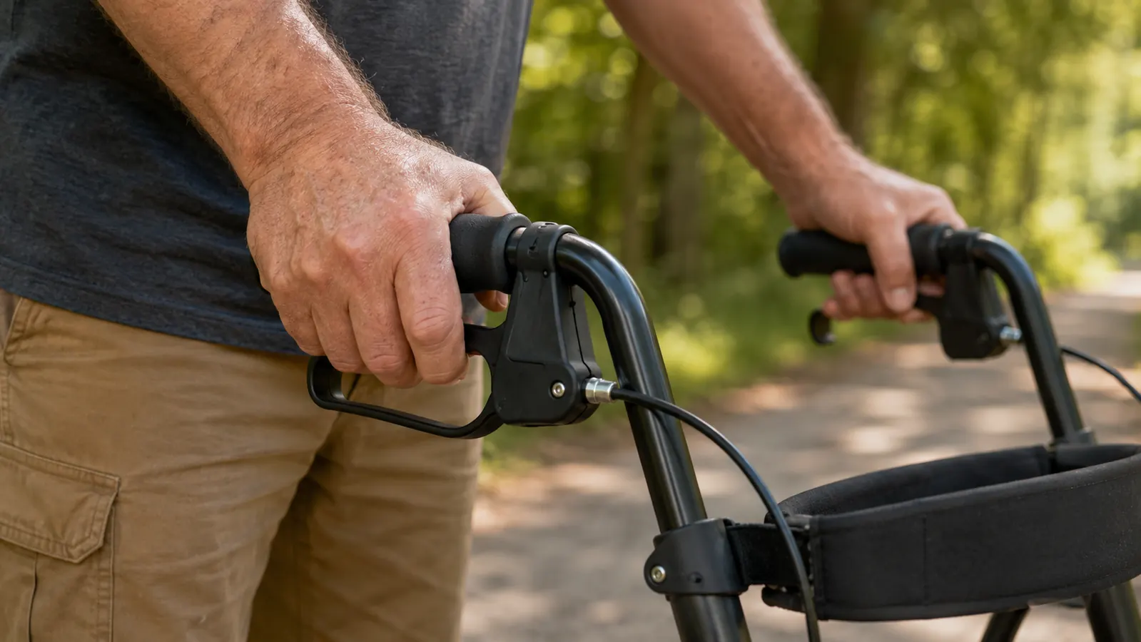 Hands gripping the handles of a rollator walker on an outdoor path