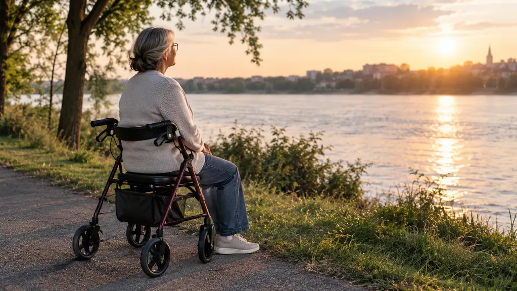 A person resting on the seat of a rollator walker beside a walking path, looking toward a river