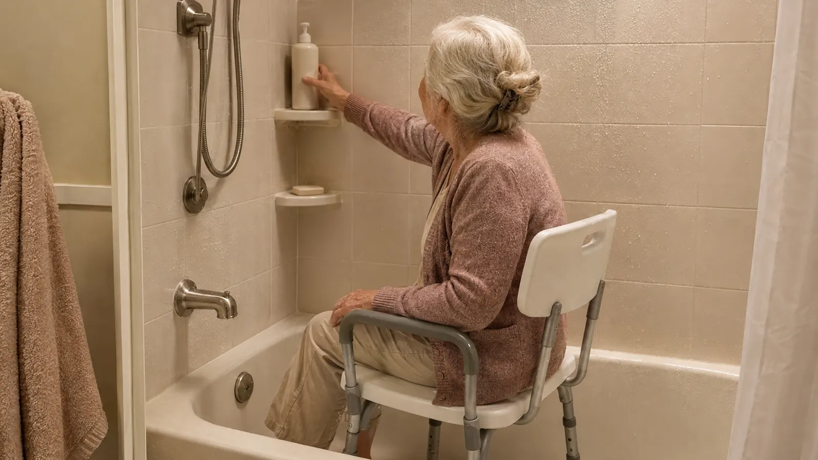 Older woman seated on a shower chair with padded armrests and back inside a tub-shower, reaching for a bottle on a ledge