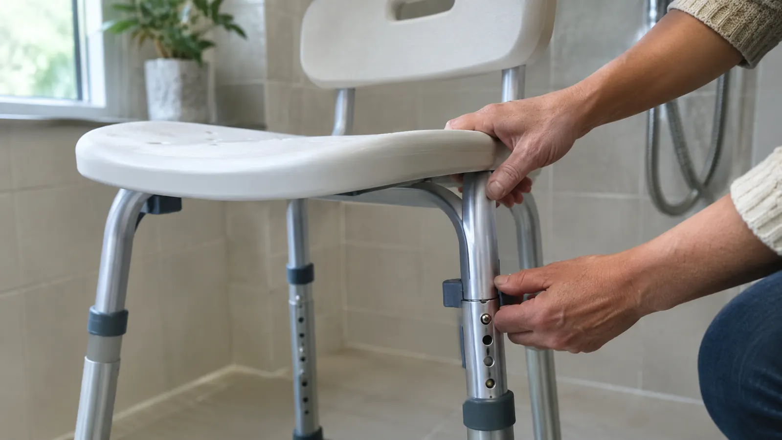 Hands adjusting the height of a shower chair in a home bathroom with natural light