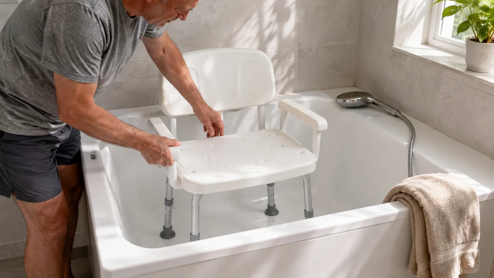 A shower chair placed inside a bathtub, with a hand-held shower head resting on the seat and a folded towel hanging over the tub edge
