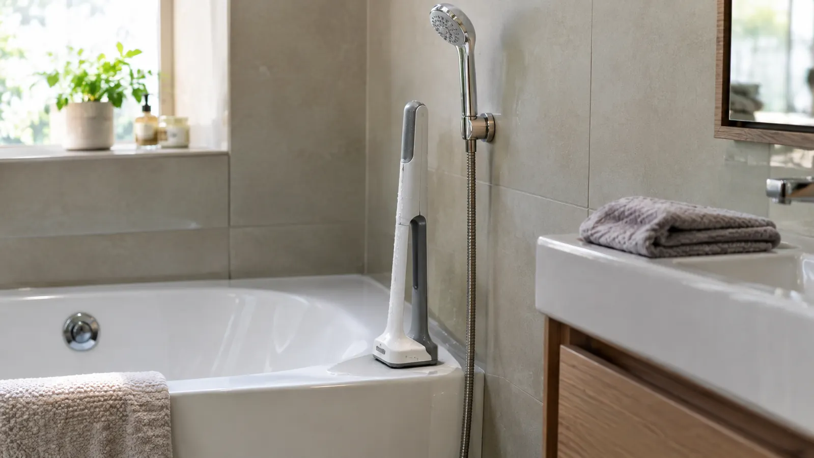 A shower chair standing at the end of a bathtub to dry, with a hand-held shower head on a hook overhead and a folded towel on the edge of a sink