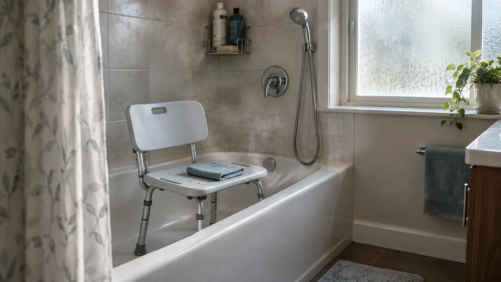 A shower chair sits in a tub after use, with a folded cloth on the seat and soft daylight through a frosted window.