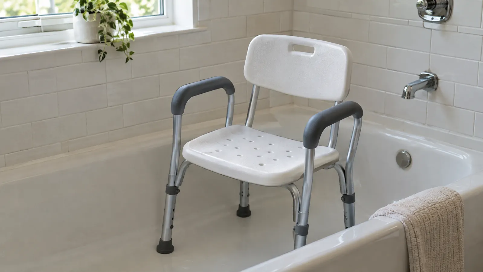 A shower chair with padded armrests and a backrest sitting in a clean tiled bathtub