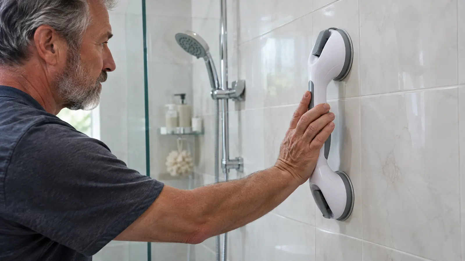 A hand pressing and locking a suction grab bar on smooth tile before a shower