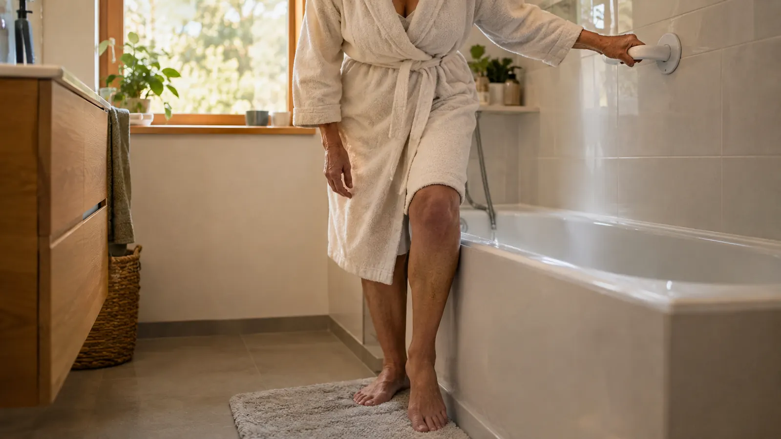An older adult steadying herself with one hand on a grab bar while stepping out of a tub