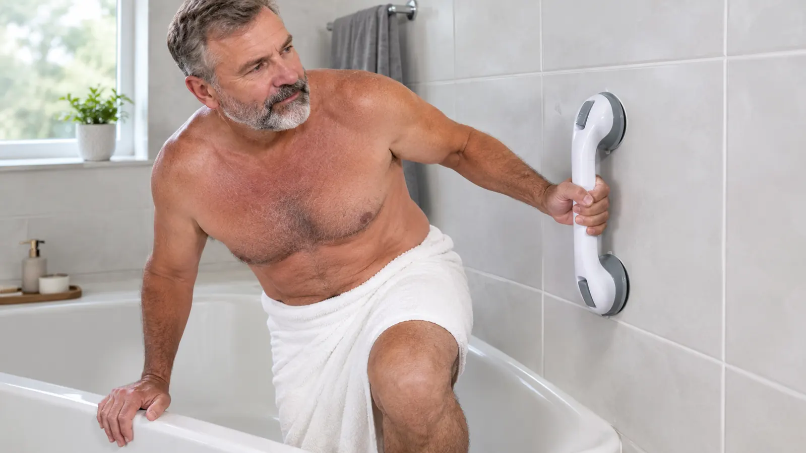 A person's hand gripping a suction grab bar mounted on smooth bathroom tile while stepping out of a tub