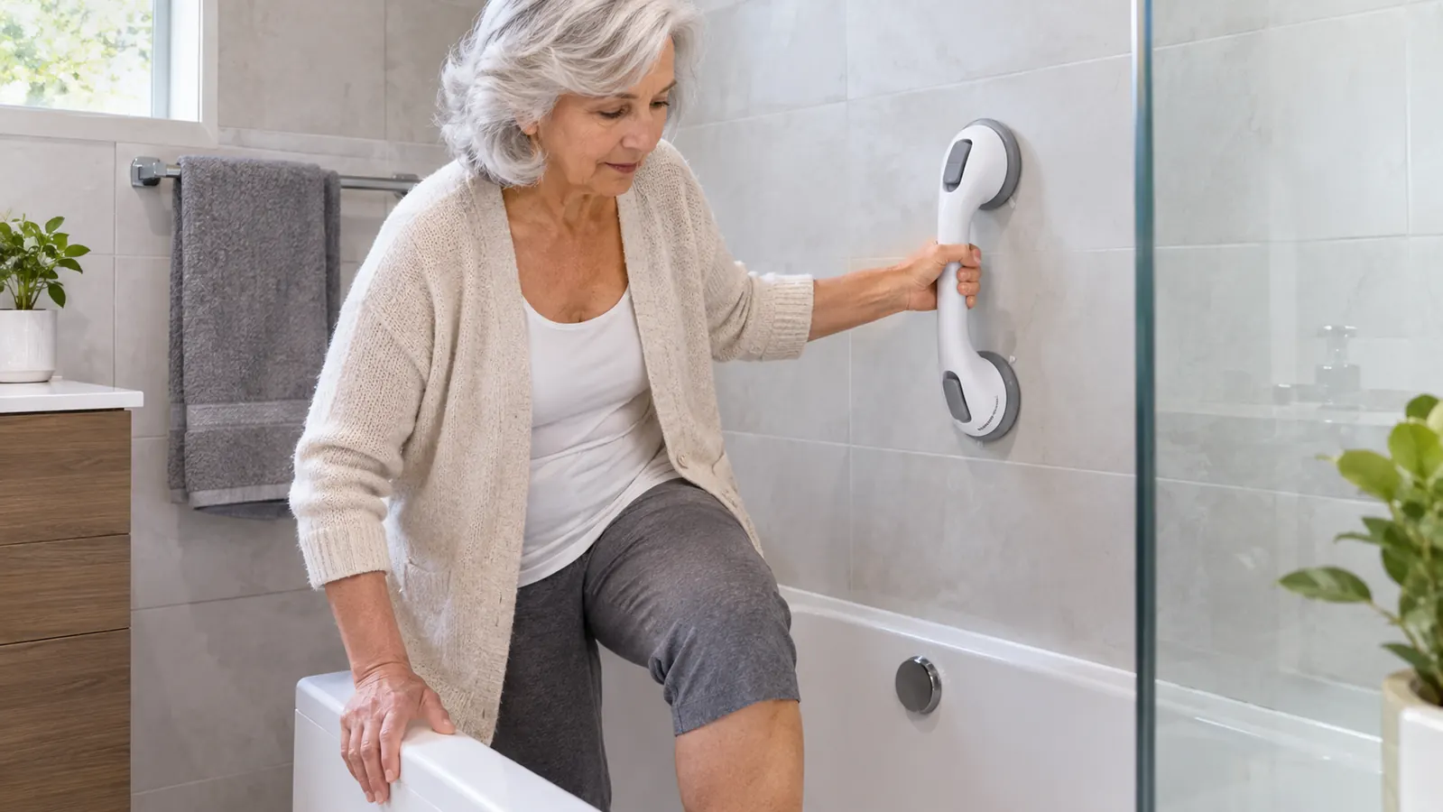 An older woman steadying herself with a suction grab bar mounted on a tiled shower wall as she steps into the tub