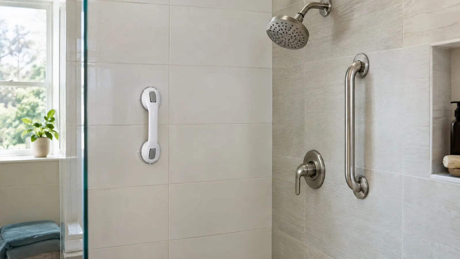 A clean tiled bathroom wall with a suction grab bar on the tile and a screw-in grab bar anchored beside the shower