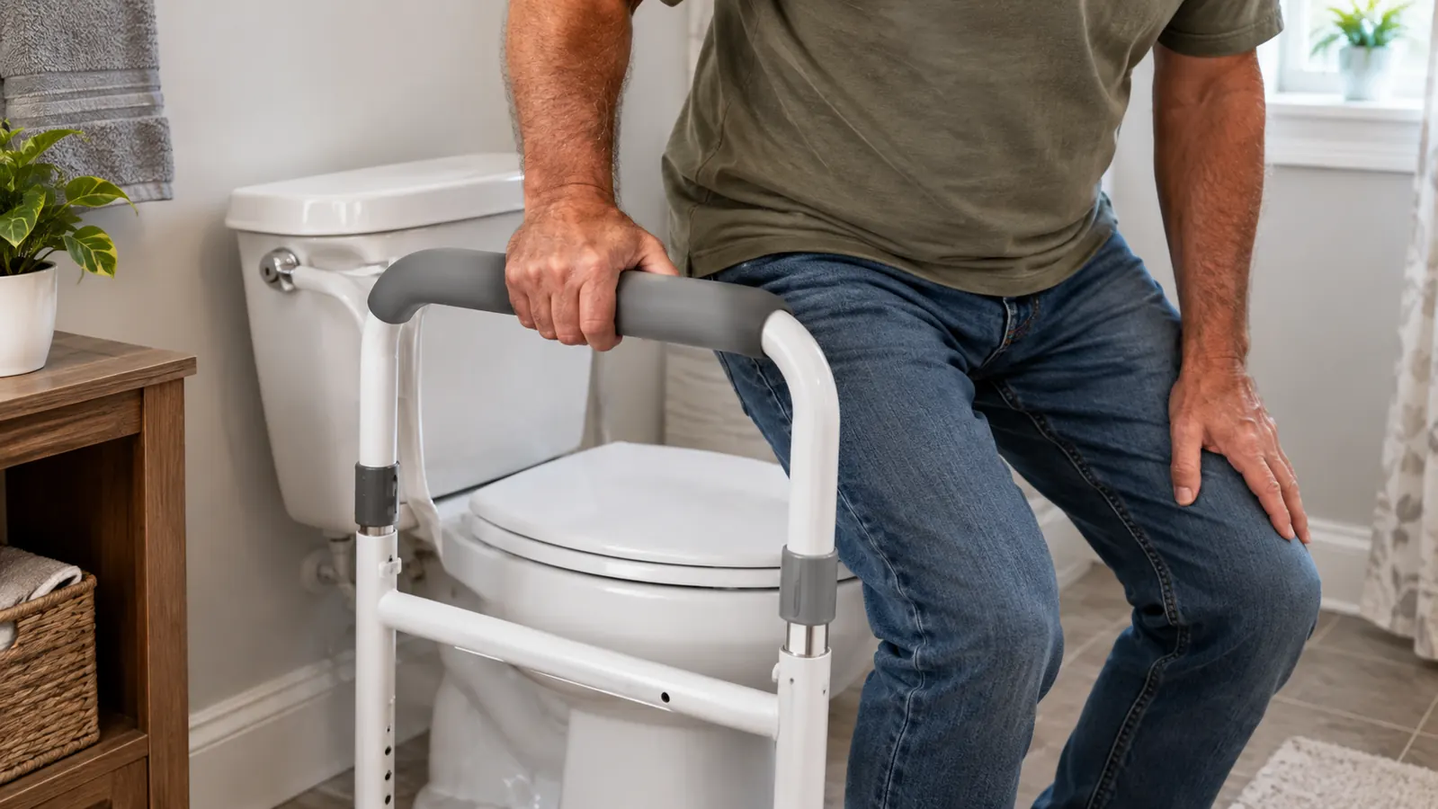 A hand gripping a padded support rail mounted beside a toilet