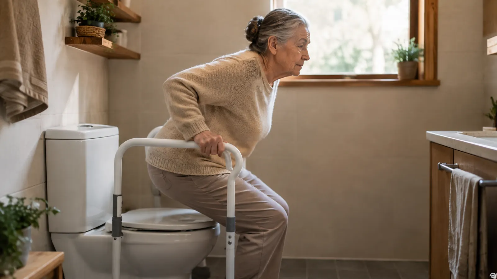 A person standing up from a toilet using a support rail, seen from the side in a home bathroom