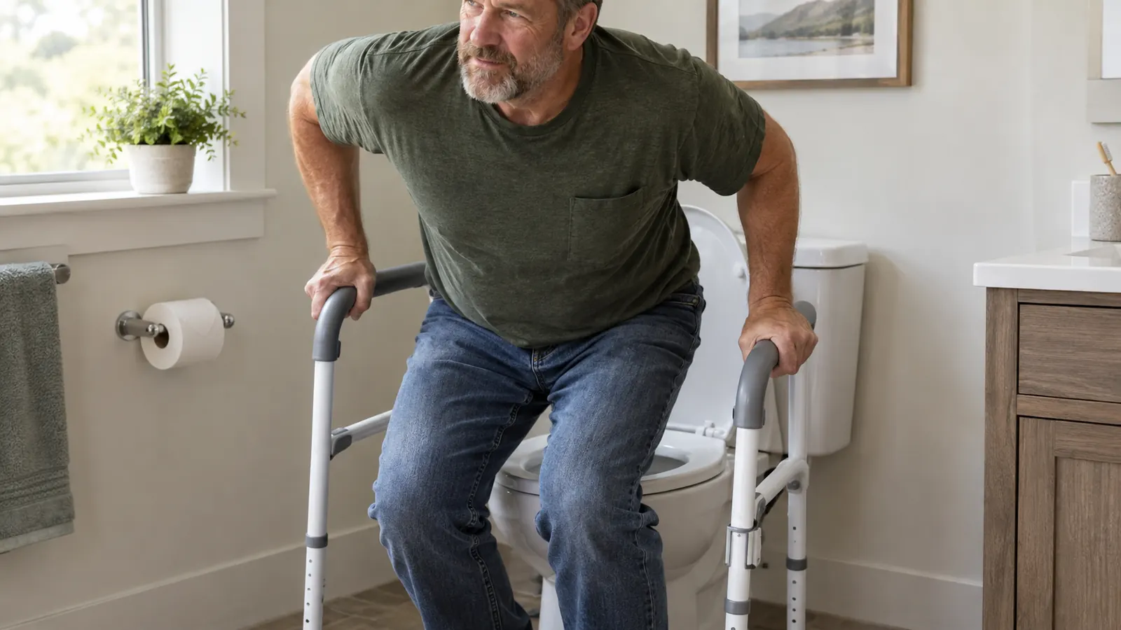 Hands gripping the arms of a toilet safety rail while standing up in a home bathroom.