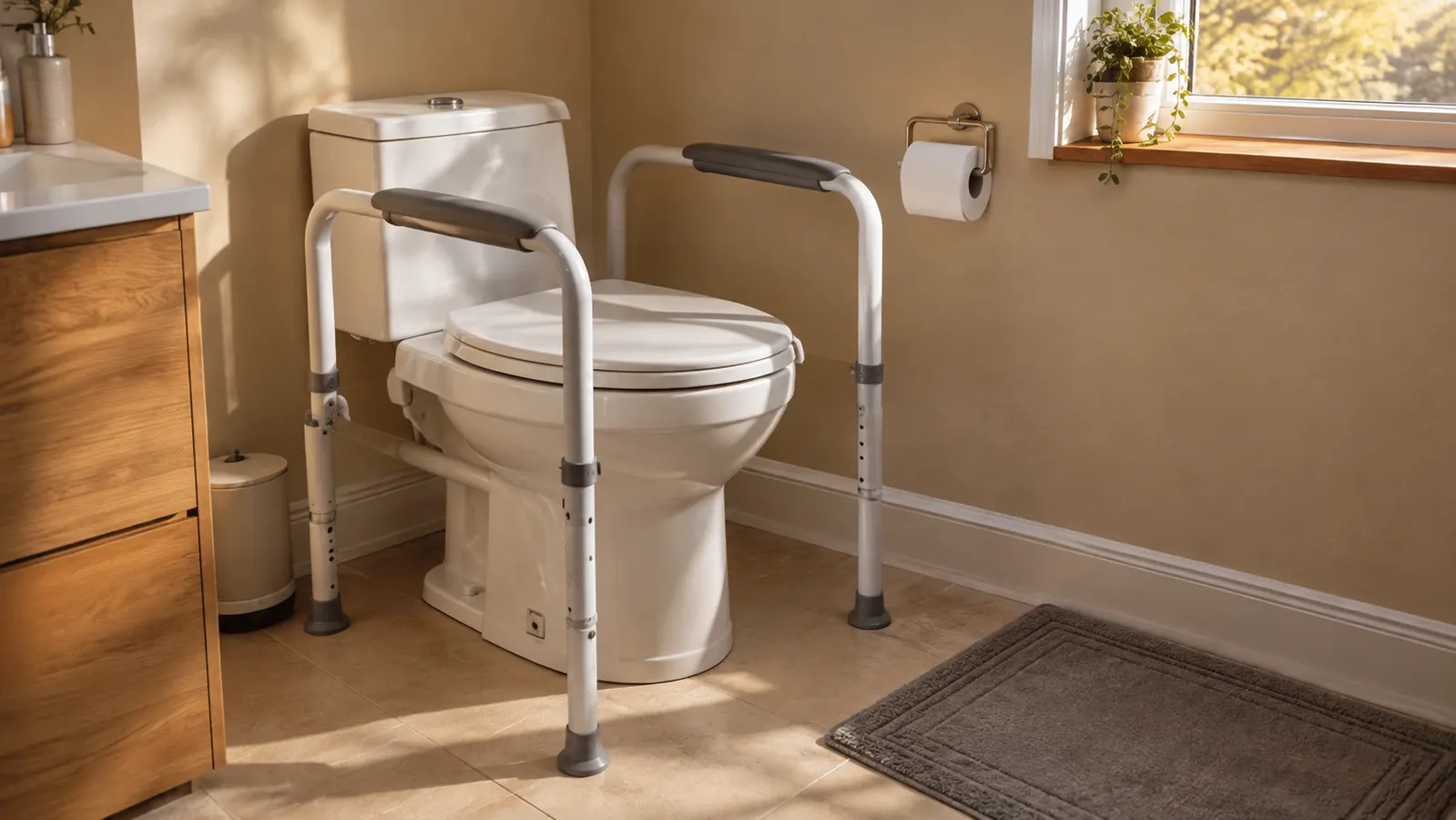 A toilet safety rail fitted around the toilet in a small home bathroom, with a rubber-backed bath mat on the floor.