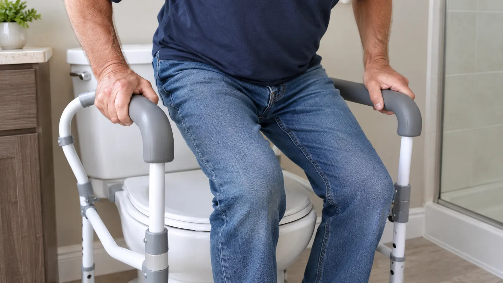 An older woman's hands rest on the padded arms of a toilet safety rail as she lowers herself to sit.