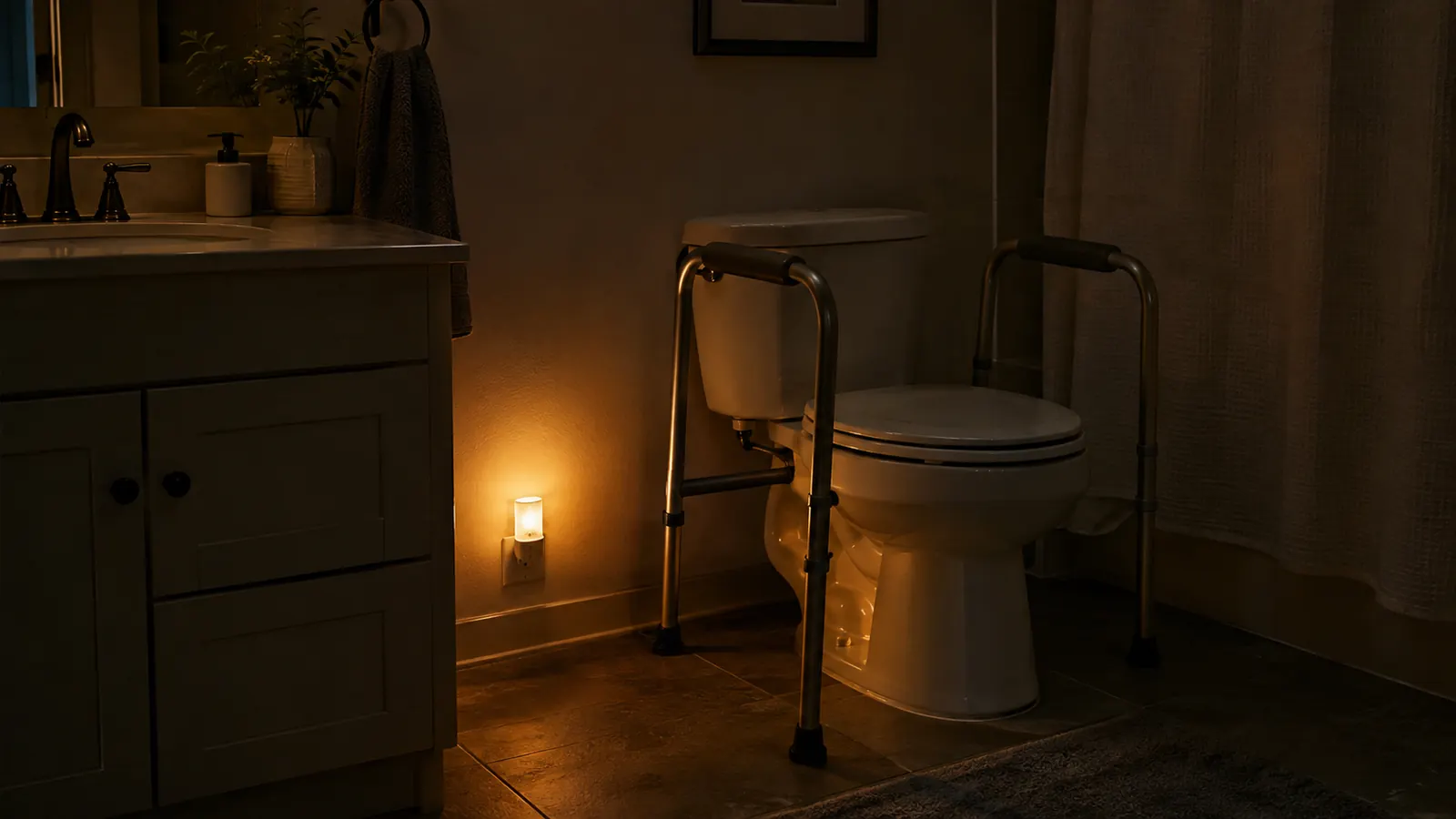 A small motion-sensor night light glows near the floor of a dim bathroom, lighting the outline of a toilet safety frame.