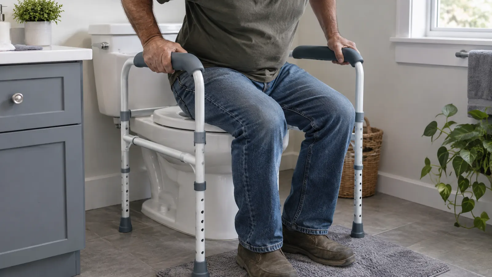 Hands gripping the arms of a toilet safety rail while seated, showing how the frame supports standing up