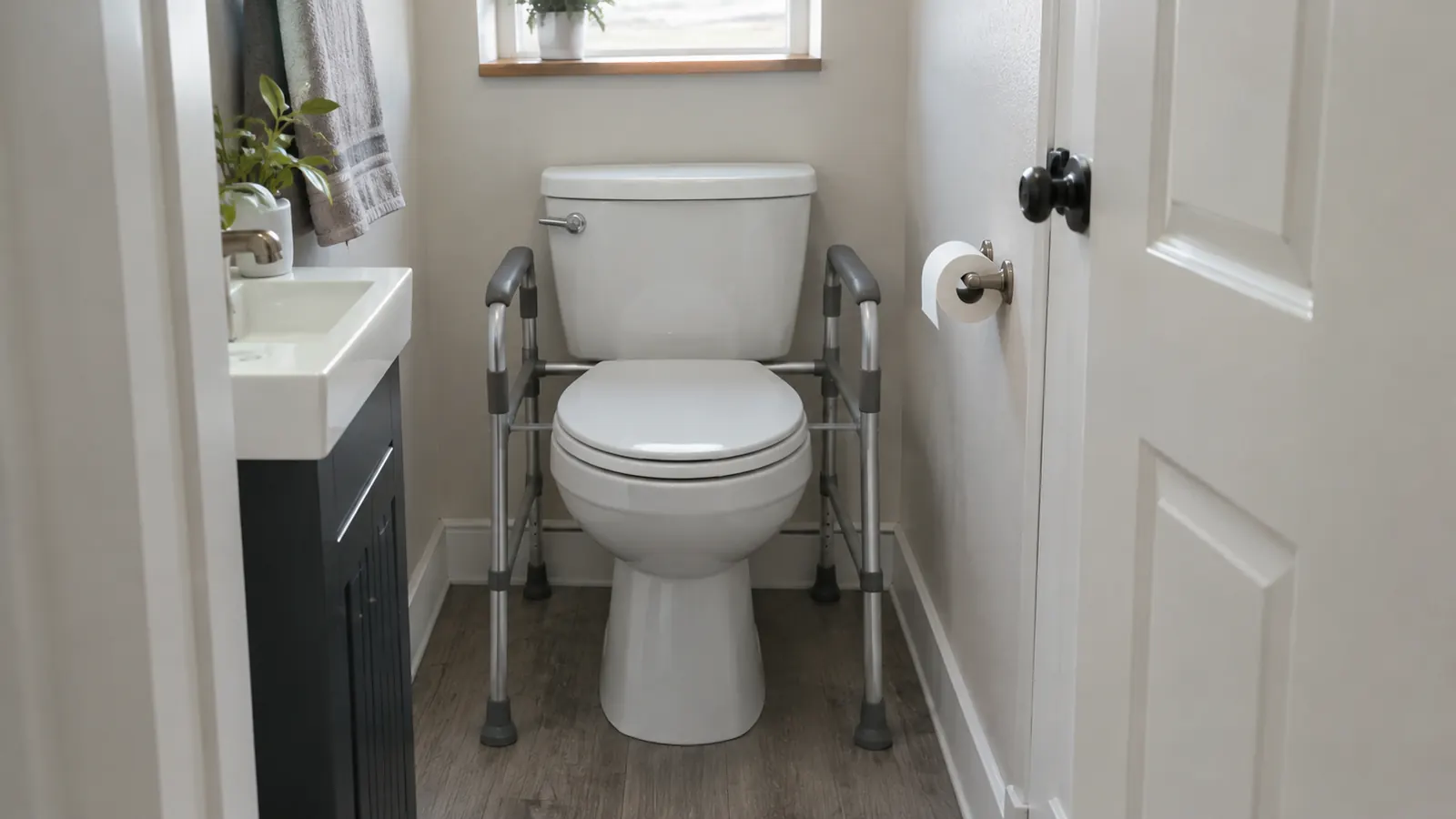Narrow half bathroom with a compact toilet safety rail around the toilet, door open, showing how little floor space the frame takes up